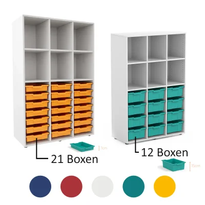 Materialschrank für Klassenzimmer mit 12 oder 21 farbigen Kunststoffboxen.