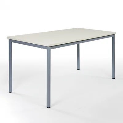 Rechtecktisch mit heller Melaminplatte und Rundrohrgestell in Weißaluminium