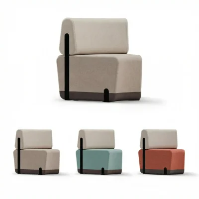 Geschwungenes Modulsofa-Komplett-Set mit Rückenlehne und Akustik-Trennwänden in drei Farbkombinationen: Beige mit Hellbraun, Hellblau mit Beige und Korallrosa mit Beige