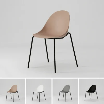 Schalenstuhl mit schwarzem 4-Bein-Gestell in vier Farben: Sandbeige, Weiß, Grau und Schwarz