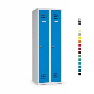 Geschlossener Schulspind 2×1 mit zwei blauen Türen und Etikettenrahmen, daneben Farbauswahl der 16 RAL-Farben