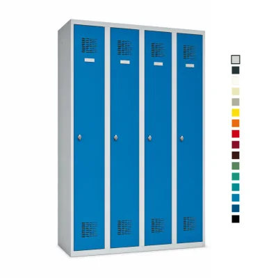 Geschlossener Schulspind 4×1 mit vier blauen Türen und Etikettenrahmen, daneben Farbauswahl der 16 RAL-Farben